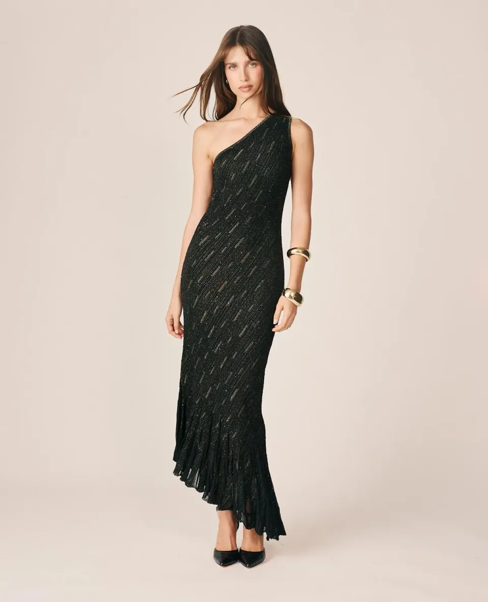Alma en Pena I26CL0243 robe midi noire sirène brillant