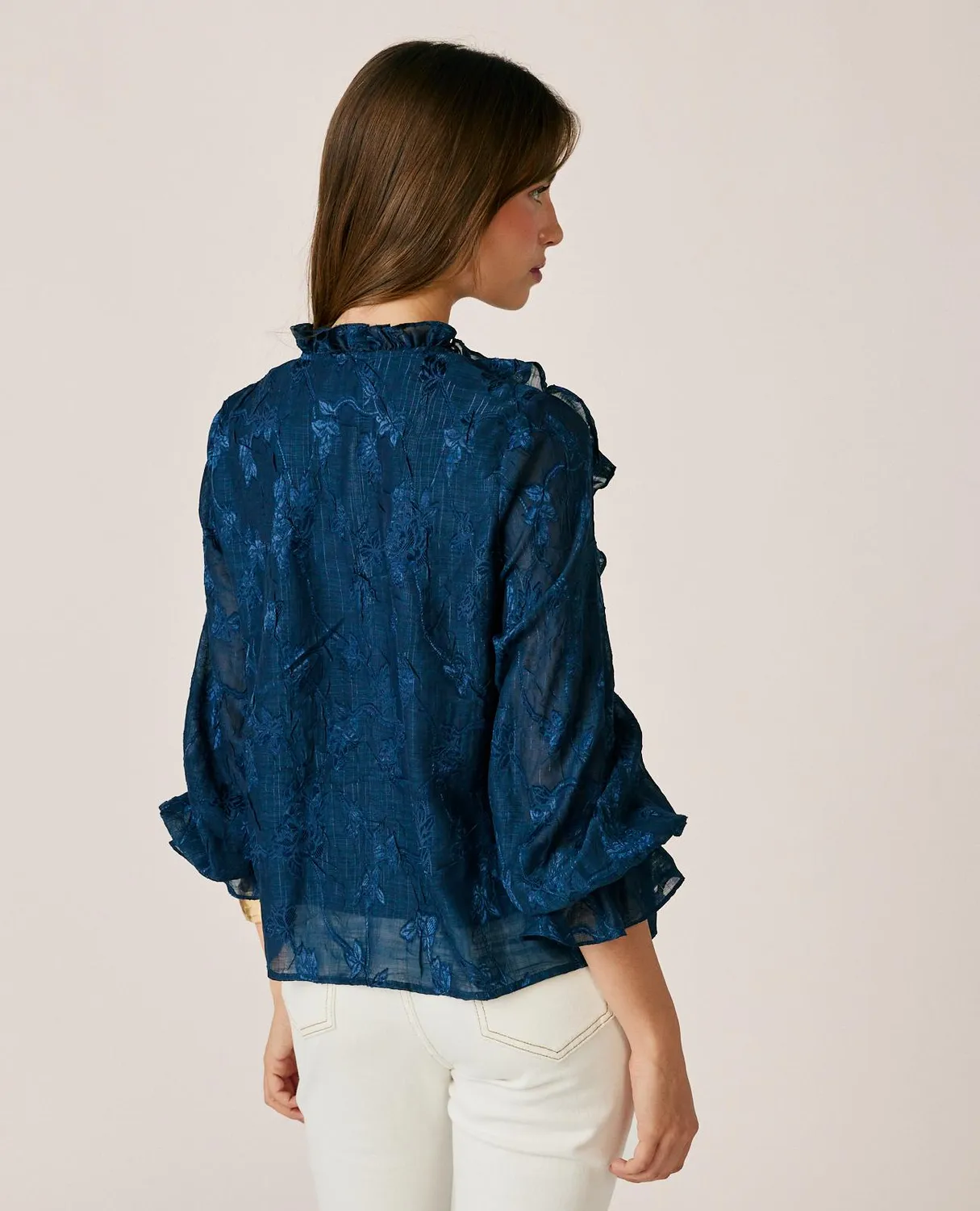 Alma en Pena I26CL0402 blouse jacquard bleu broderie