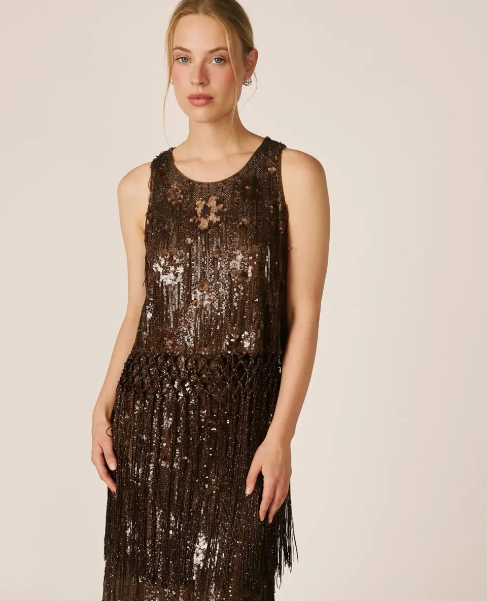 Alma en Pena I26CL0600 top résille marron franges sequins