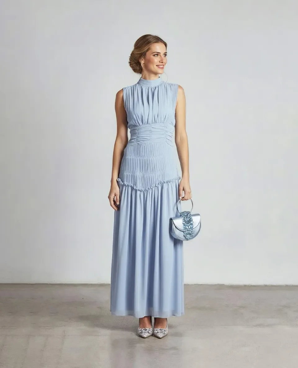 Alma en Pena CENCL100 robe longue bleue fleurie halter