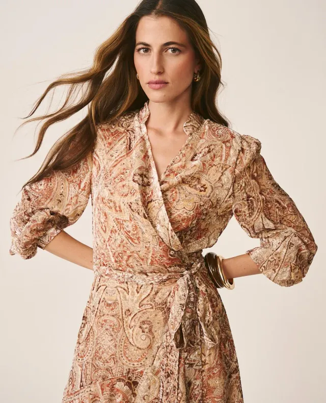 Alma en Pena I26CL0226 robe midi soie marron paisley