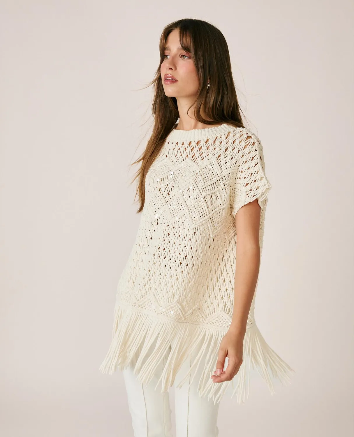 Alma en Pena I26CL1405 gilet blanc ajouré à franges