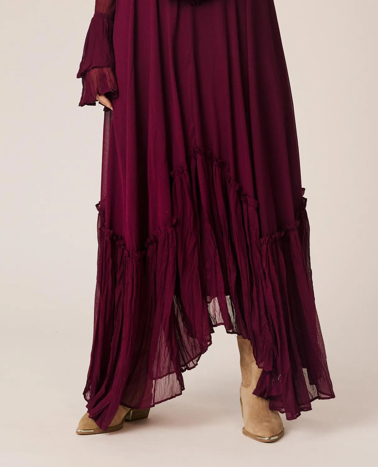 Alma en Pena I26CL0205 robe longue gaze bordeaux volants