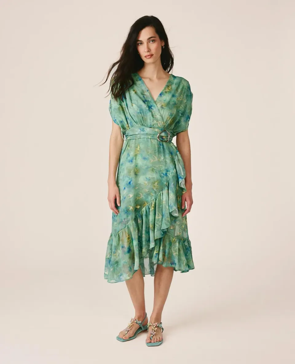 Alma en Pena V26CL0265 robe longue verte imprimée