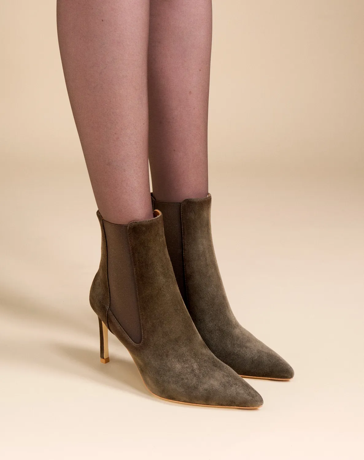 Mi/Mai Dora Kaki Suede bottines talon 8 cm bout pointu
