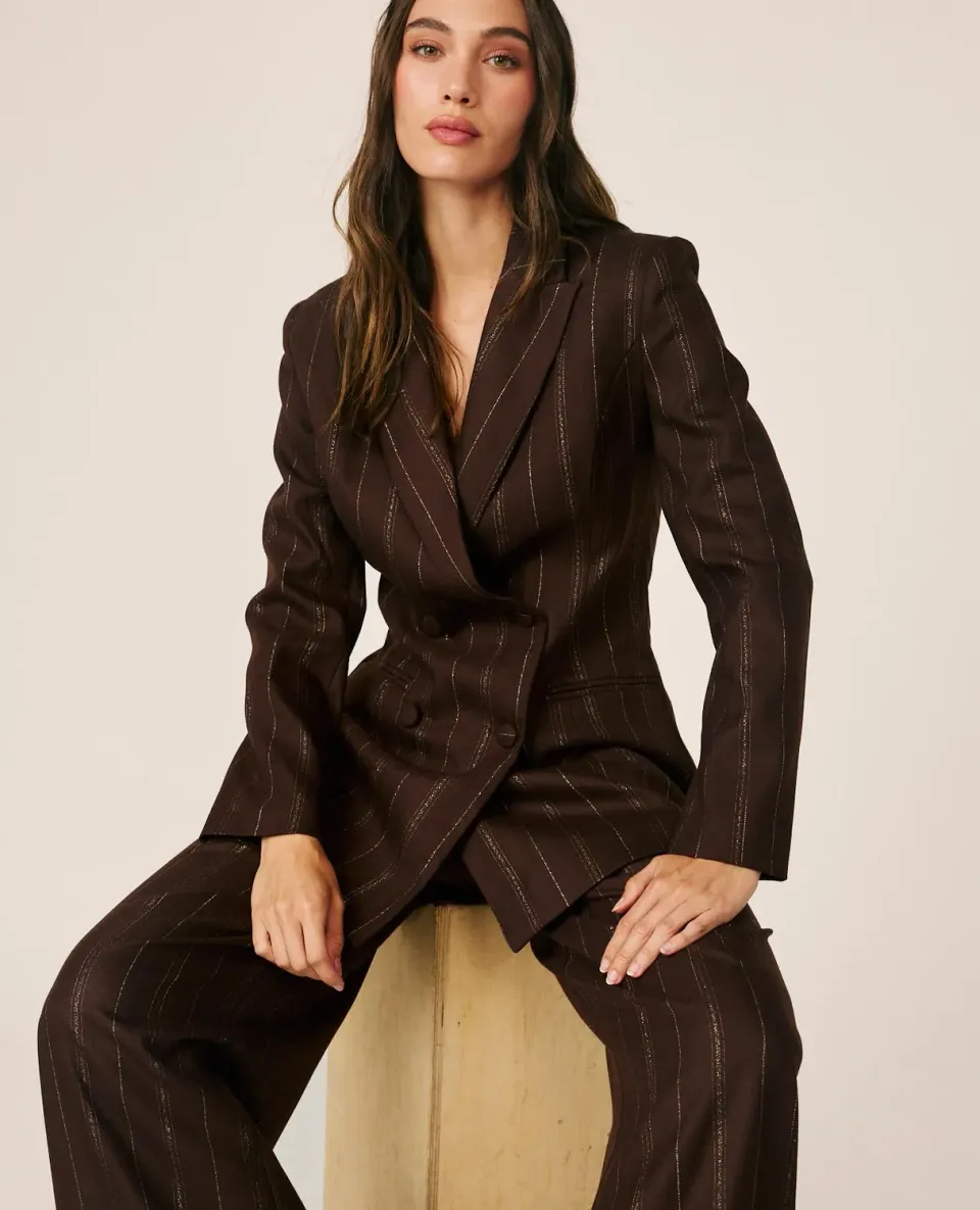 Alma en Pena I26CL1003 blazer rayé marron croisé laine