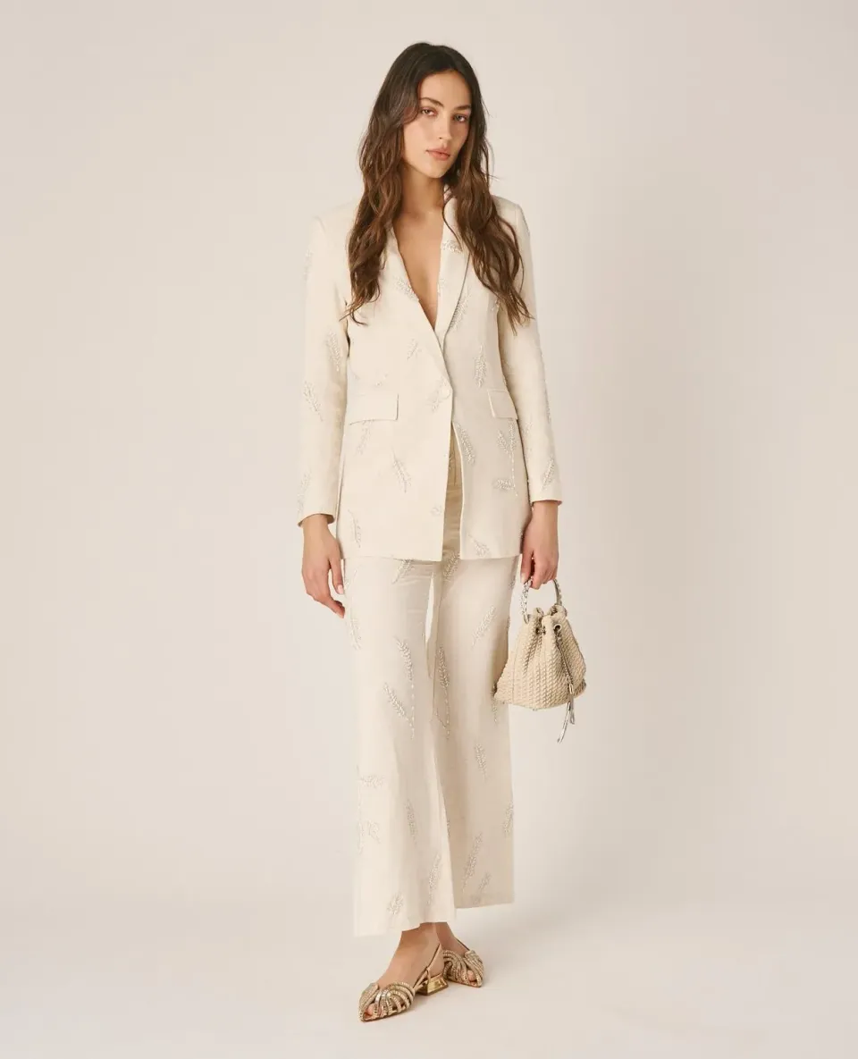 Alma en Pena V26CL1604 pantalon évasé brodé blanc