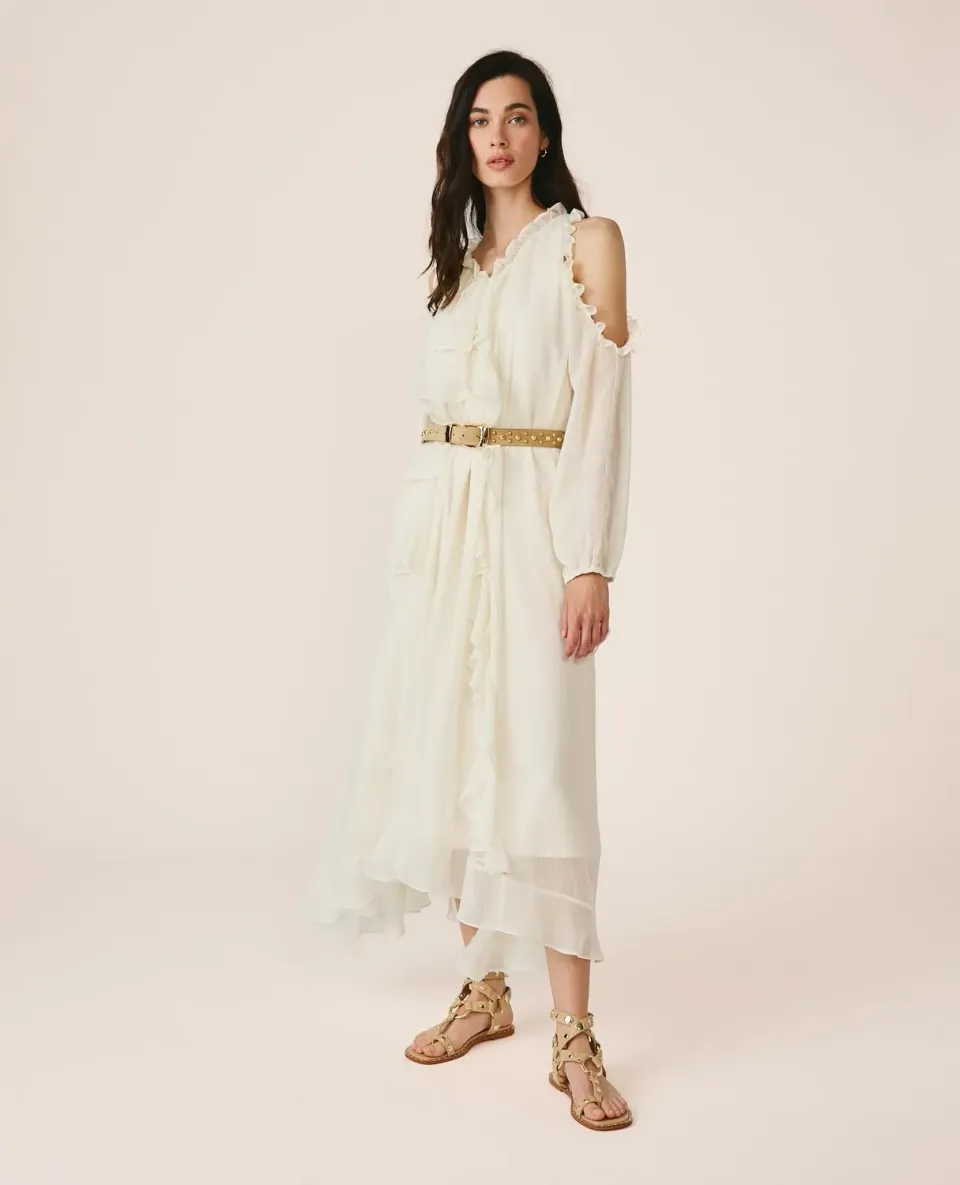 Alma en Pena V26CL0236 robe midi fluide blanche volants