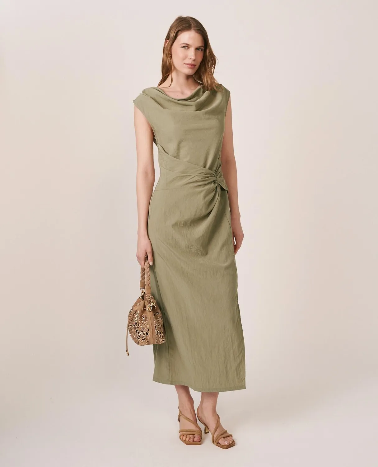 Alma en Pena V26CL0258 Robe Midi Kaki Col Drape Tencel