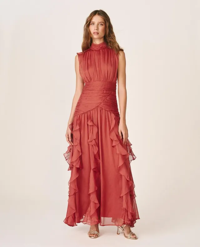 Alma en Pena I26CL0244 robe longue rose volants plissés
