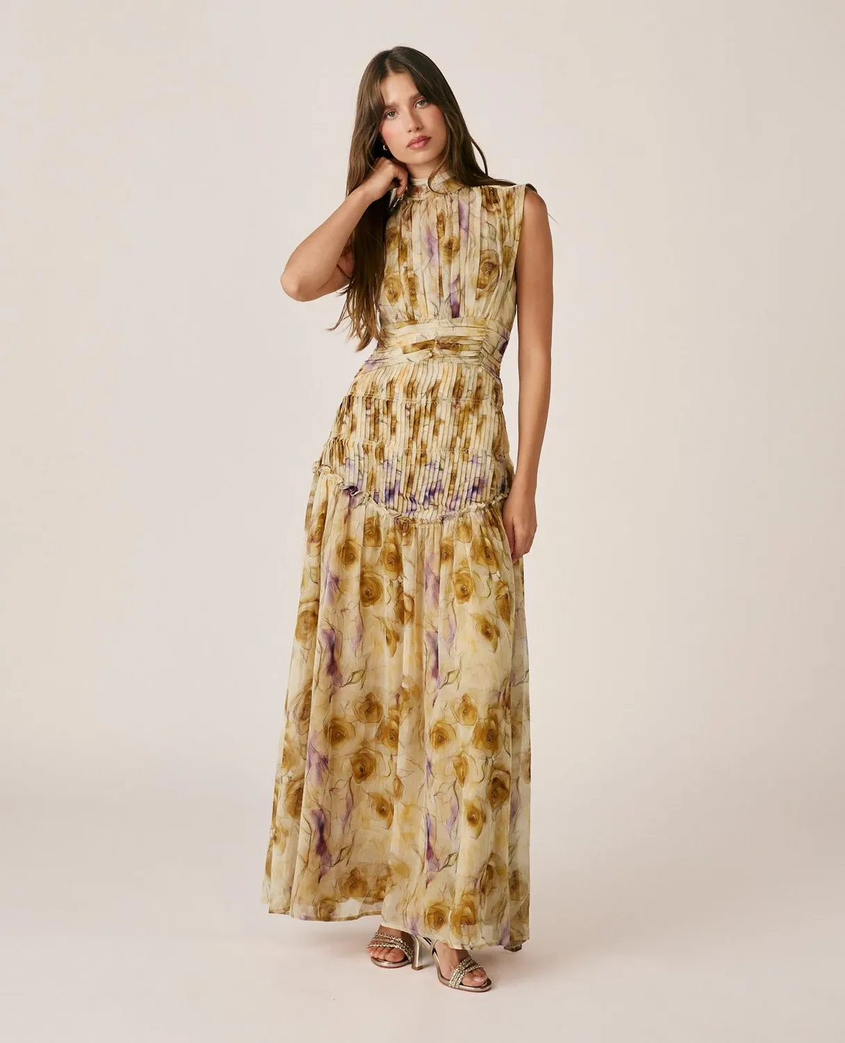 Alma en Pena I26CL0203 robe longue moutarde floral