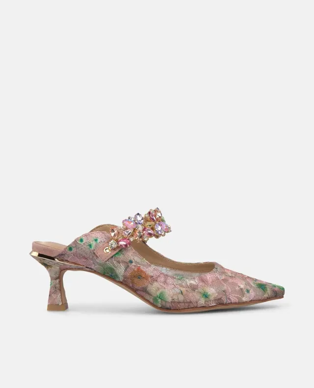 Alma en Pena V262204 Mules Rose Dentelle Talon 6 cm