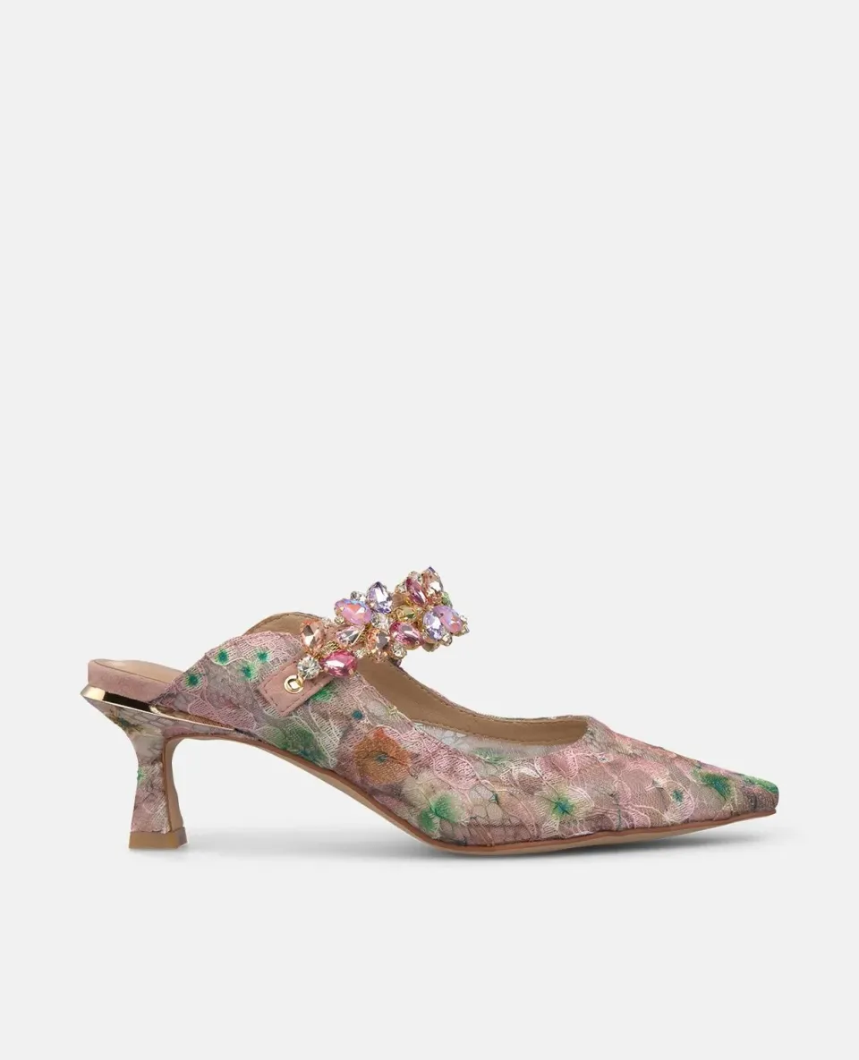 Alma en Pena V262204 Mules Rose Dentelle Talon 6 cm