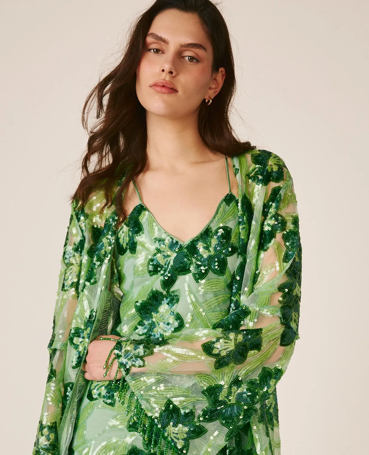 Alma en Pena V26CL1302 caftan vert floral sequins