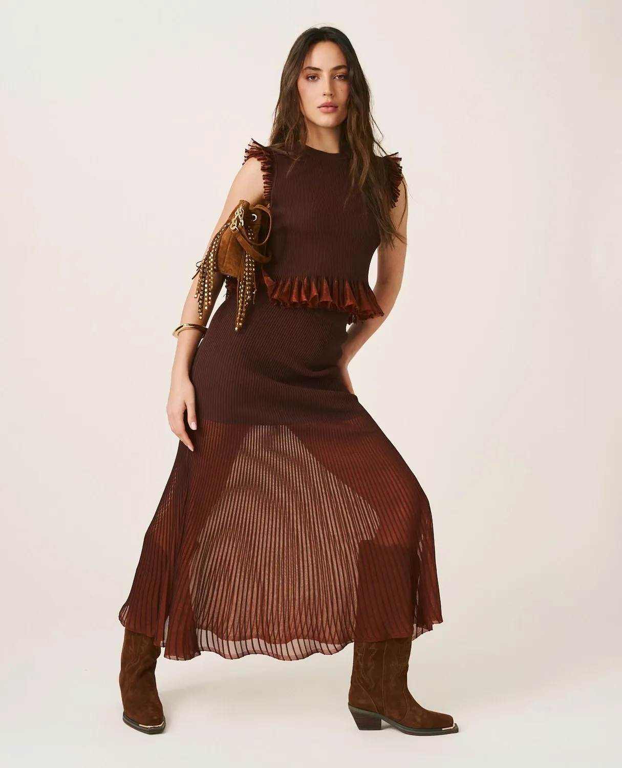 Alma en Pena I25CL1803 jupe midi marron volants