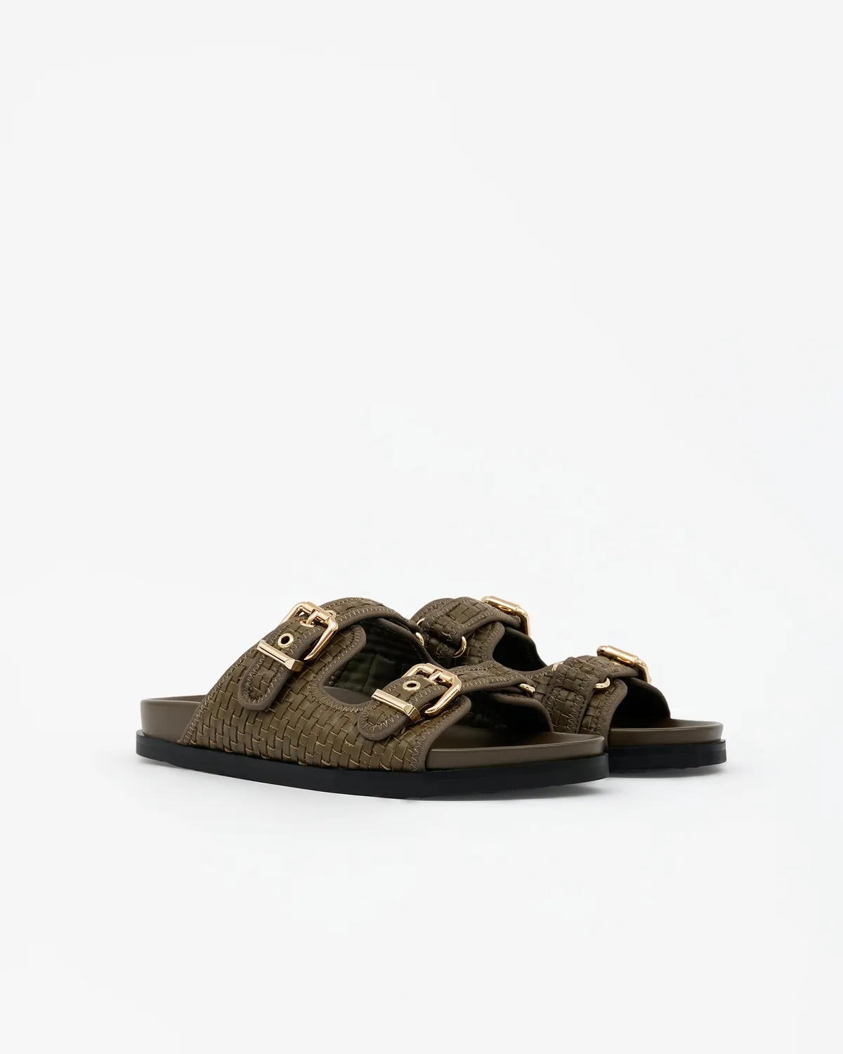 Mi/Mai Yayoi Khaki mules plates cuir kaki à brides