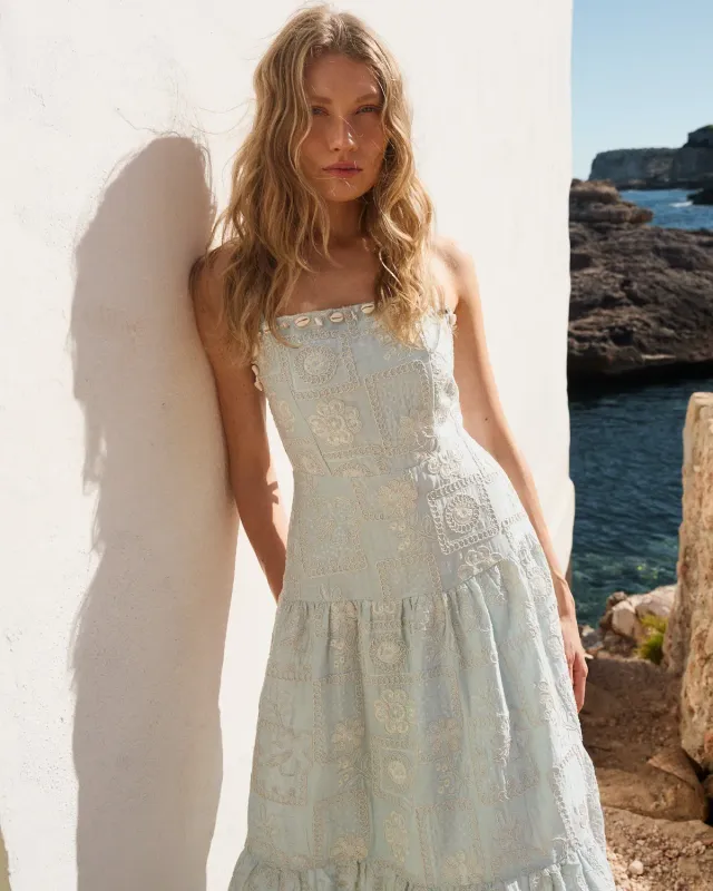 Alma en Pena V26CL0212 robe midi brodée bleue