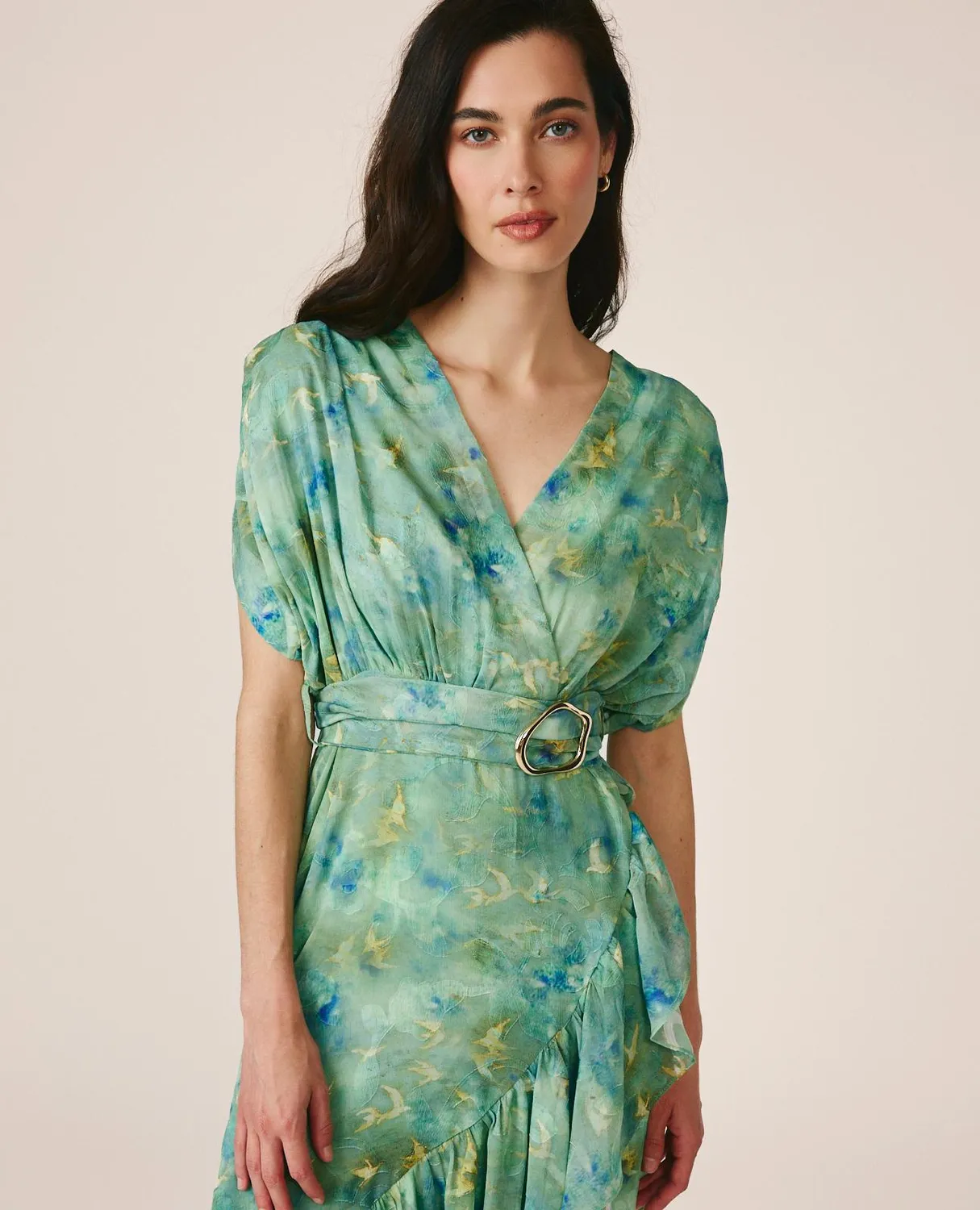 Alma en Pena V26CL0265 robe longue verte imprimée