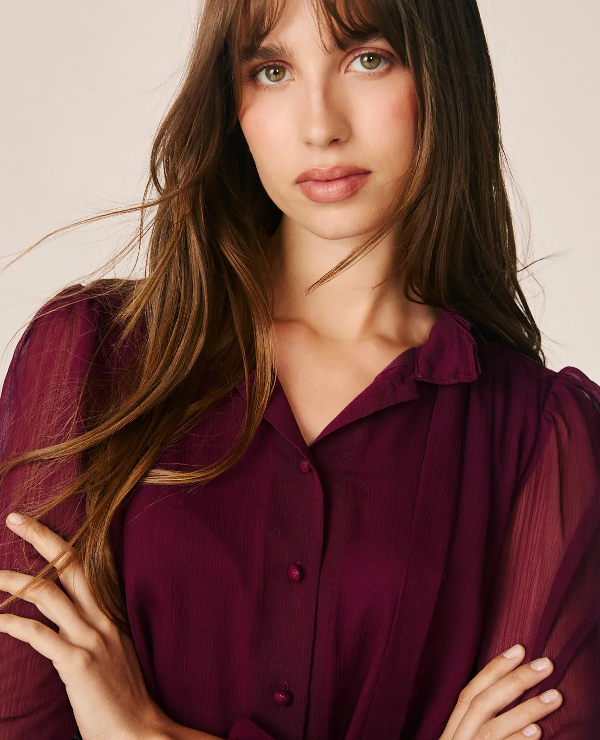 Alma en Pena I26CL0242 robe midi bordeaux gaze col chemisier