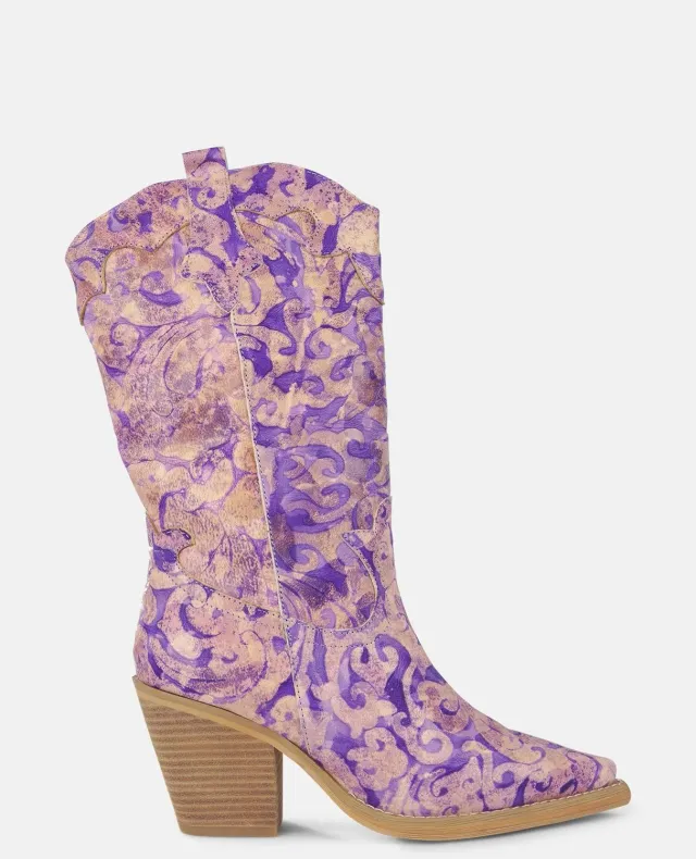 Alma en Pena V250131 botte cuir violet brodé 8 cm