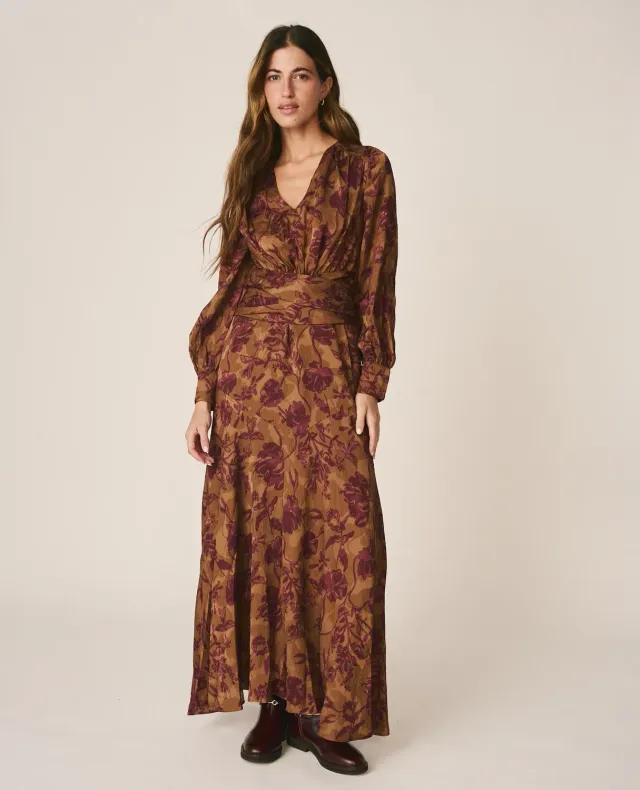 Alma en Pena I26CL0206 robe longue jacquard bronze floral