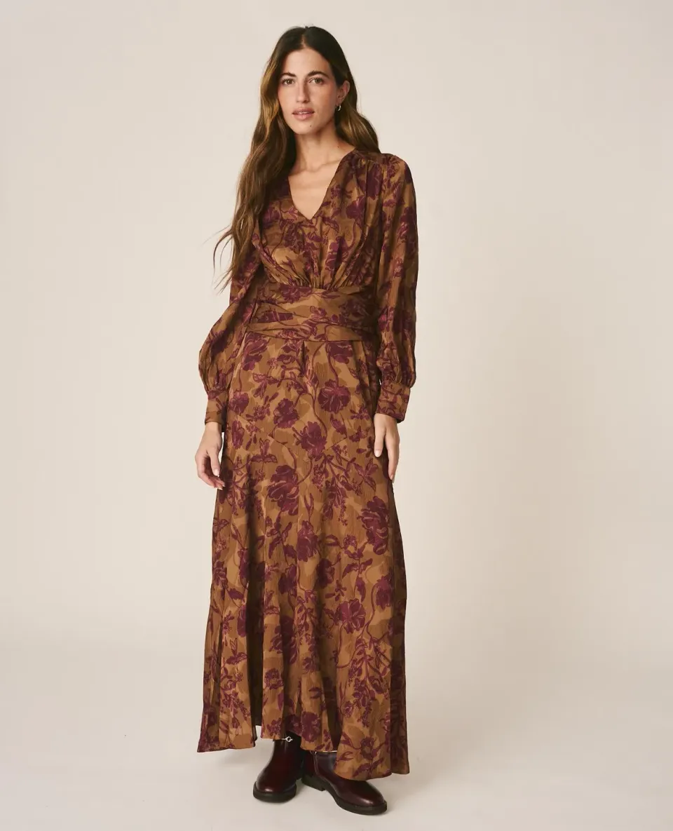 Alma en Pena I26CL0206 robe longue jacquard bronze floral