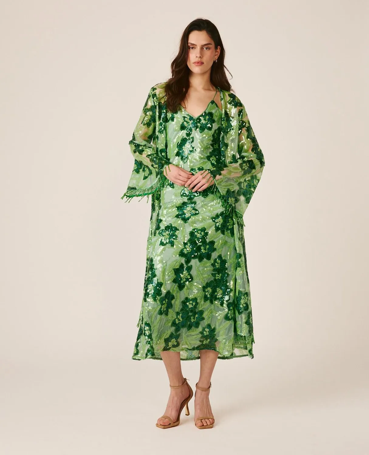 Alma en Pena V26CL1302 caftan vert floral sequins