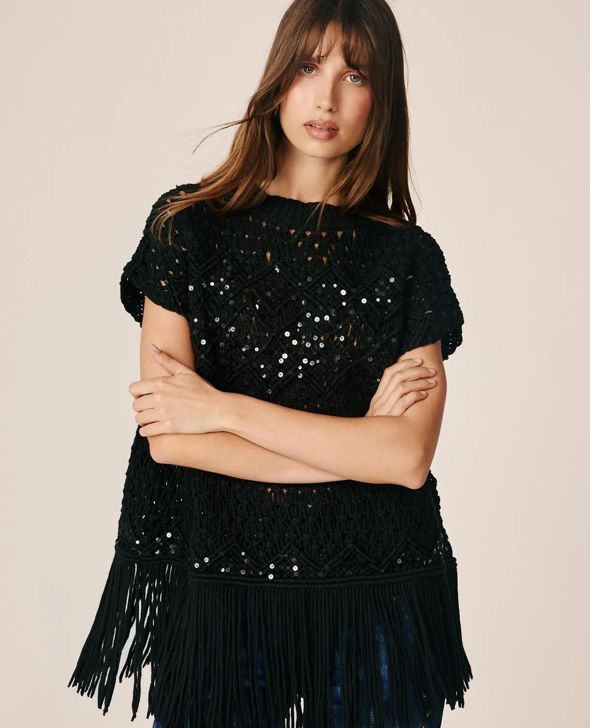 Alma en Pena I26CL1401 top noir sequins franges