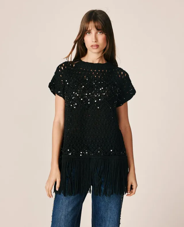 Alma en Pena I26CL1401 top noir sequins franges