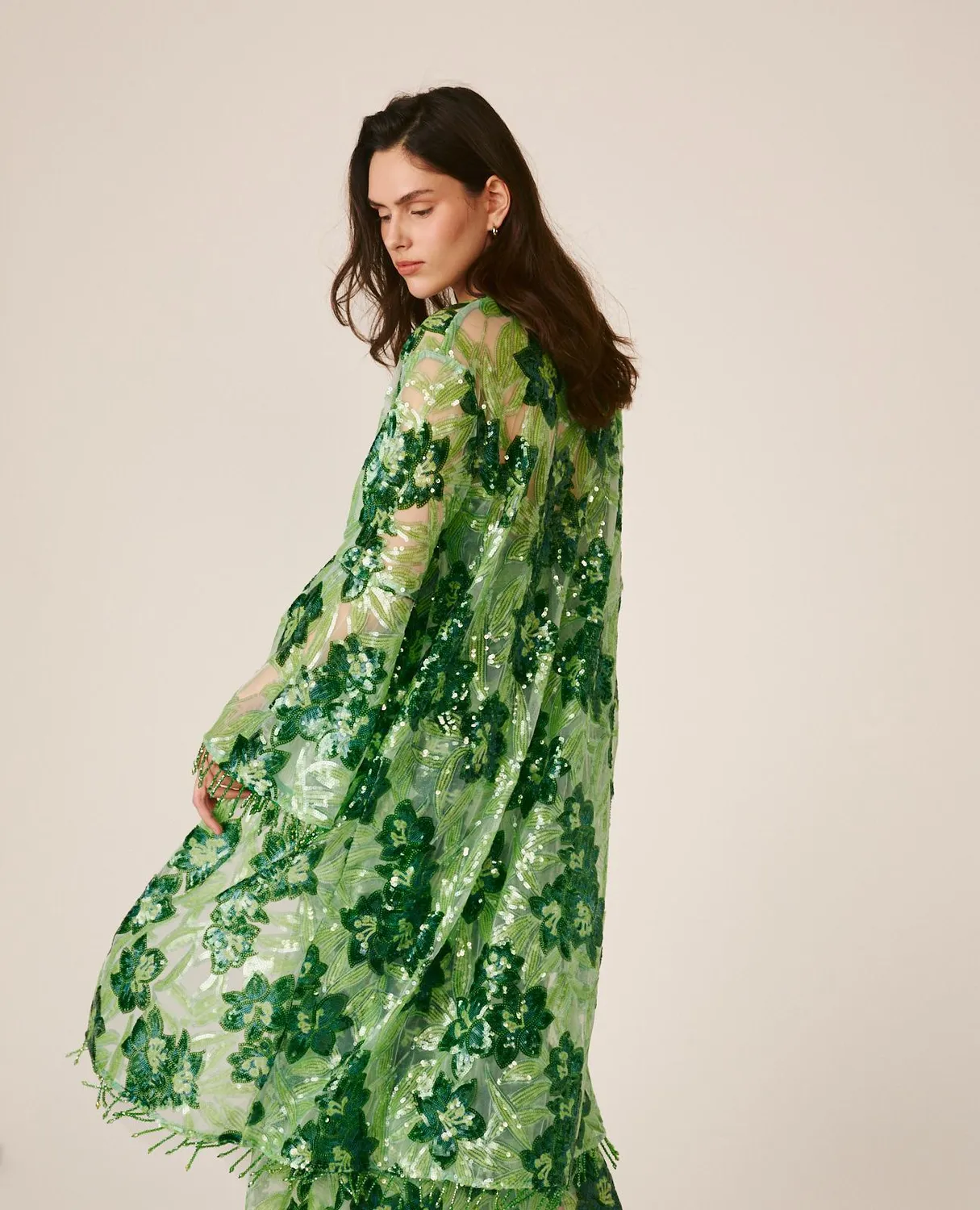 Alma en Pena V26CL1302 caftan vert floral sequins