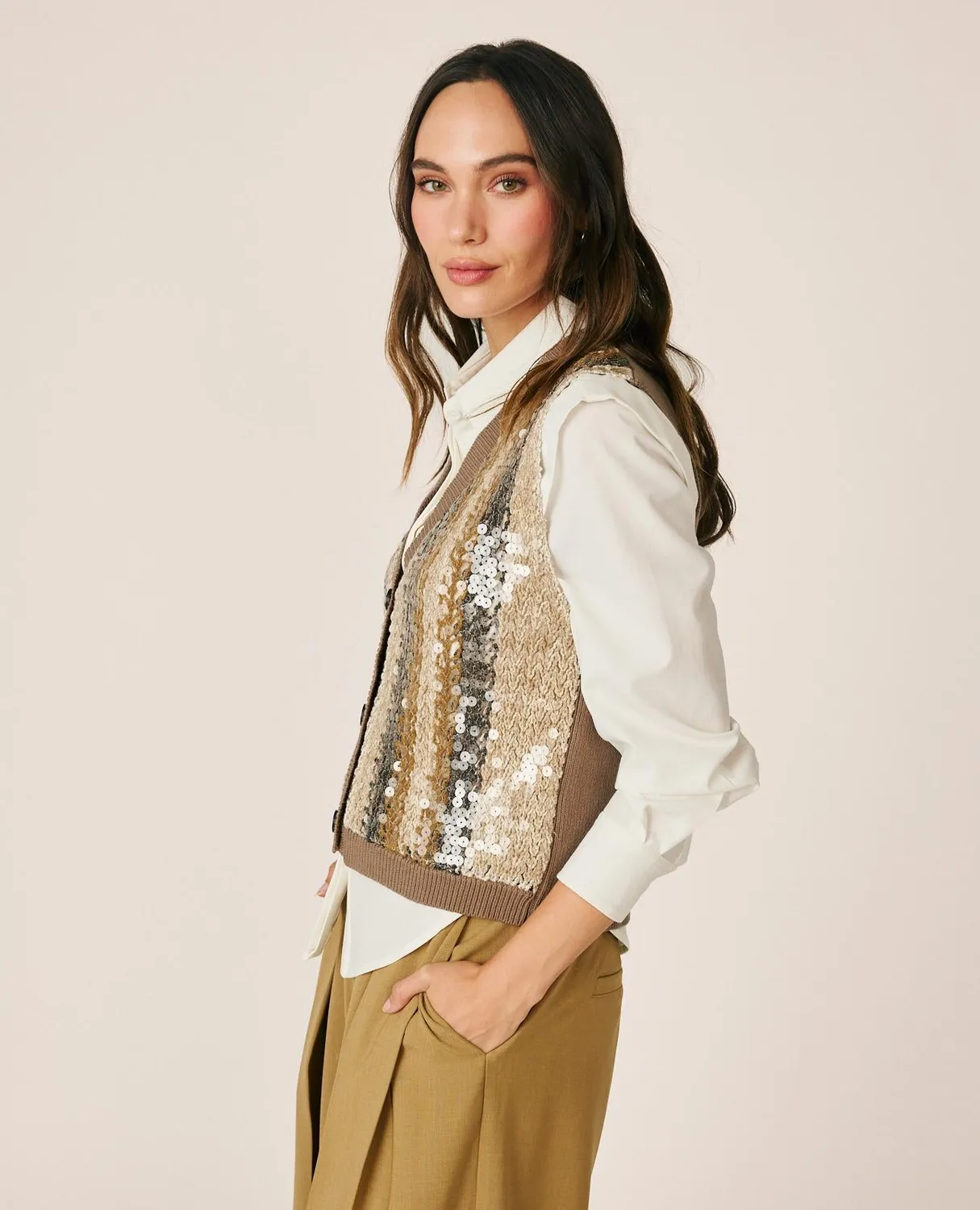 Alma en Pena I26CL1406 gilet maille marron sequins