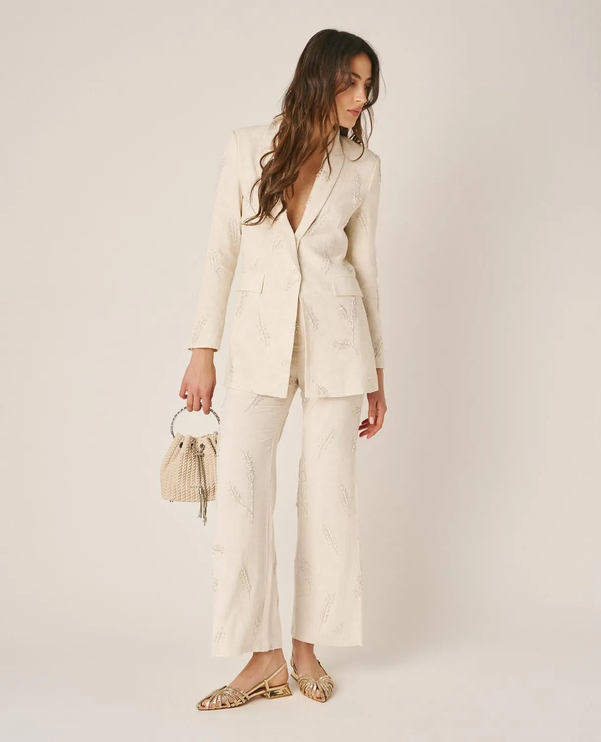 Alma en Pena V26CL1604 pantalon évasé brodé blanc