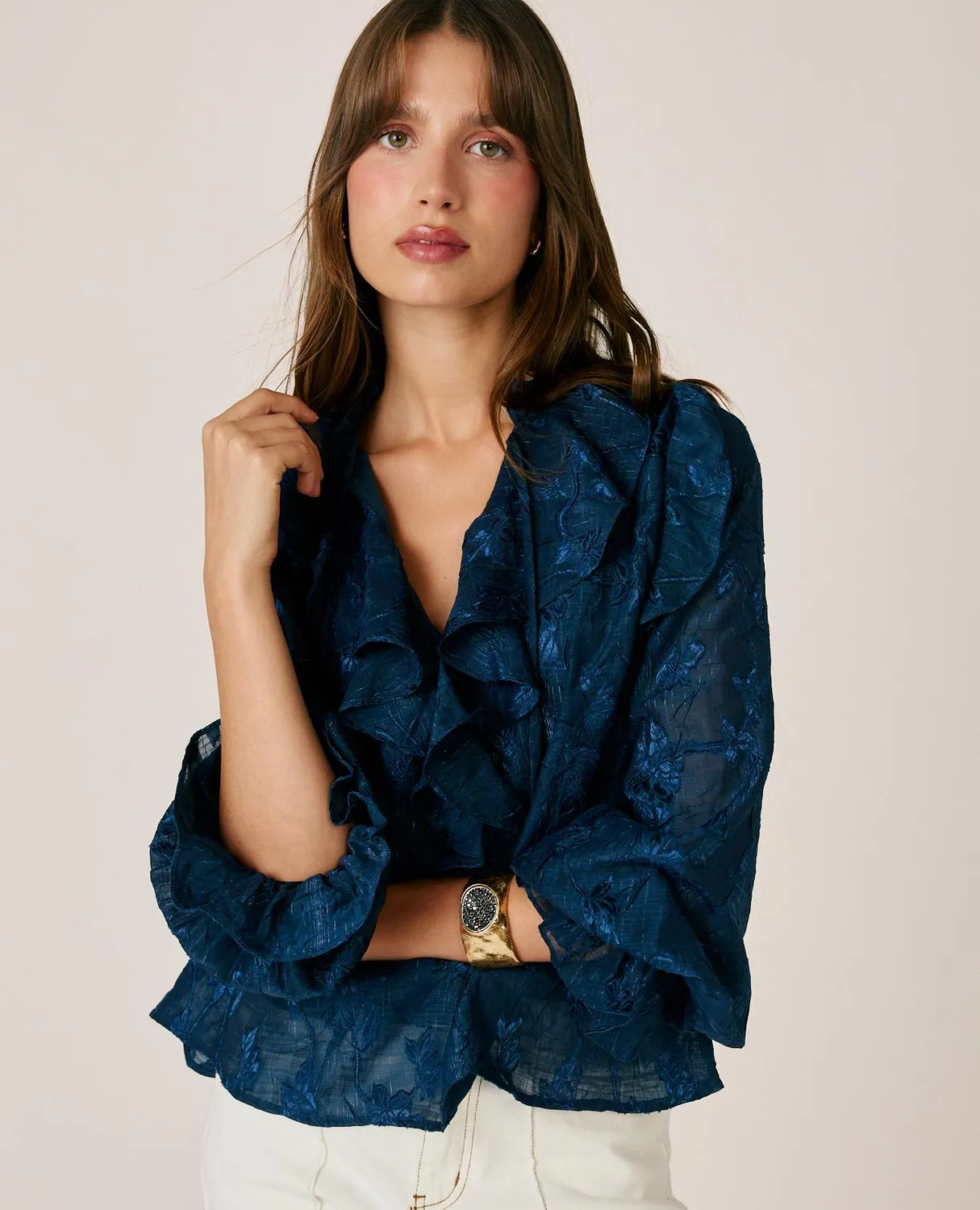 Alma en Pena I26CL0402 blouse jacquard bleu broderie