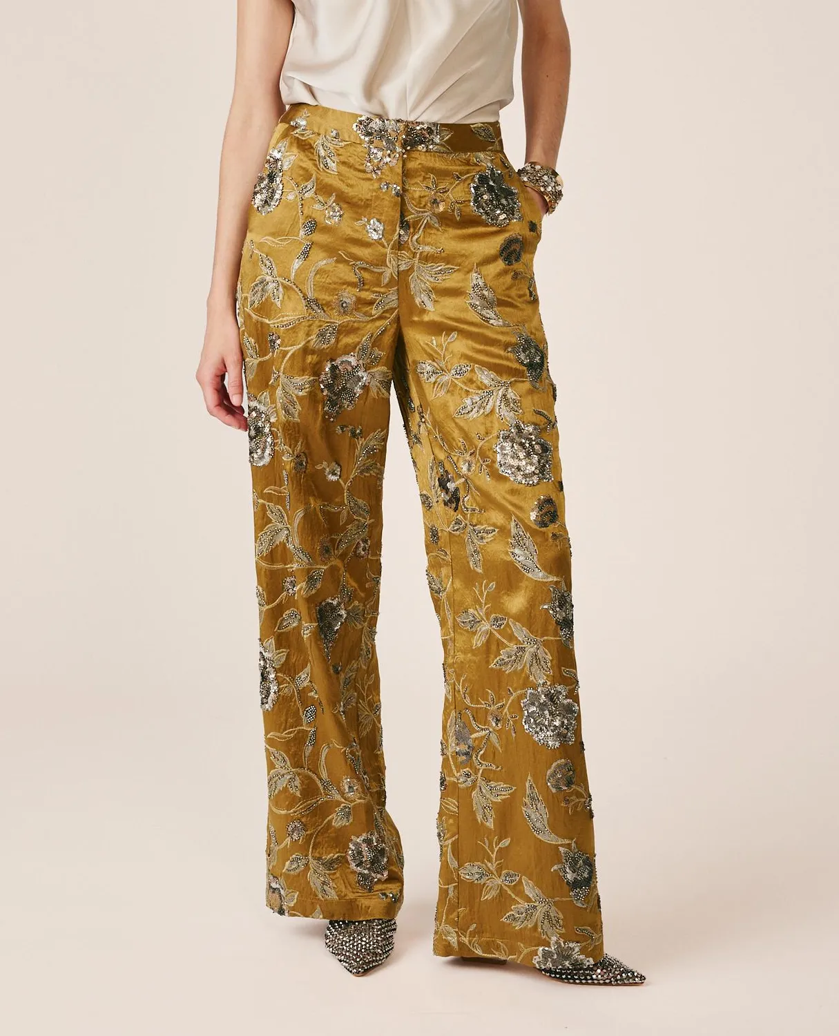 Alma en Pena V26CL1616 pantalon fleurs kaki taille S taille haute
