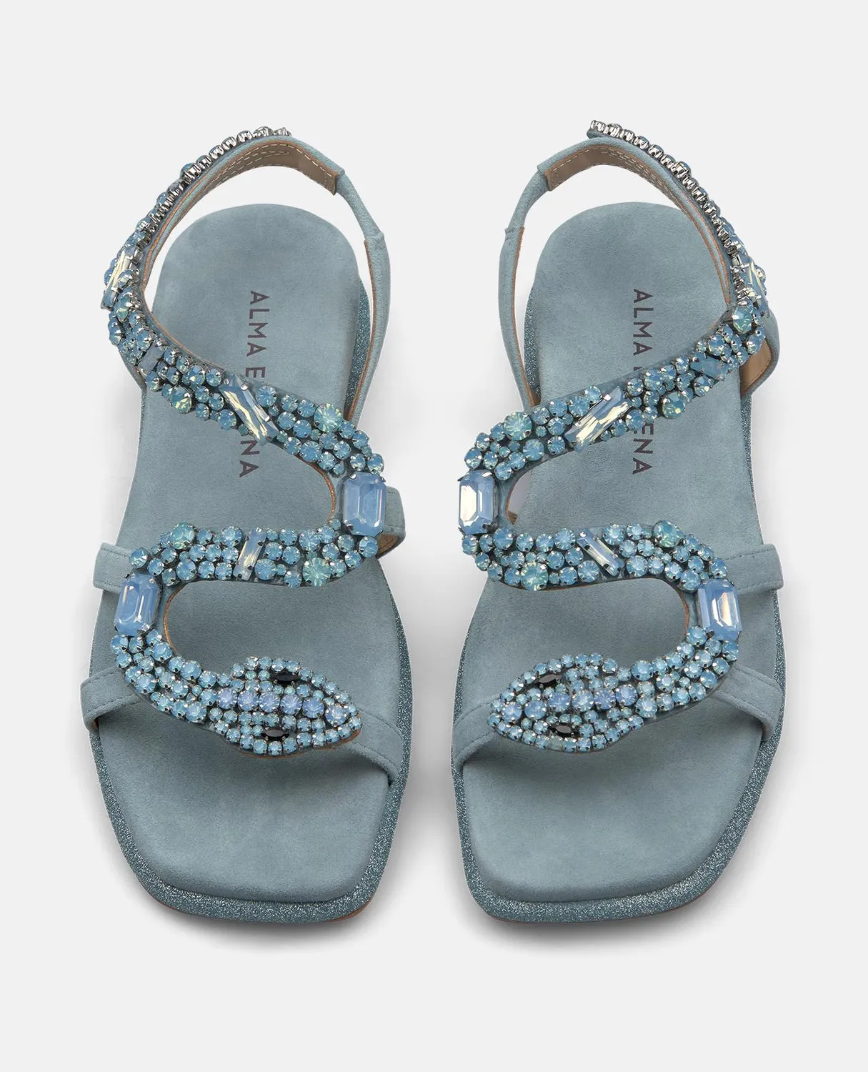 Alma en Pena V251605 Sandale Plate Bleue Serpent Strass 2 cm