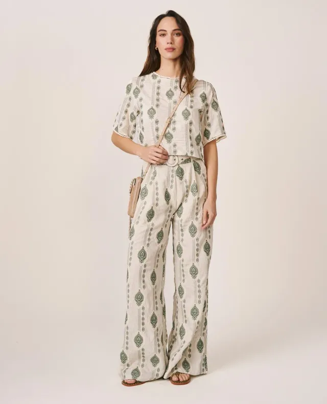 Alma en Pena V26CL1603 pantalon vert wide leg brodé