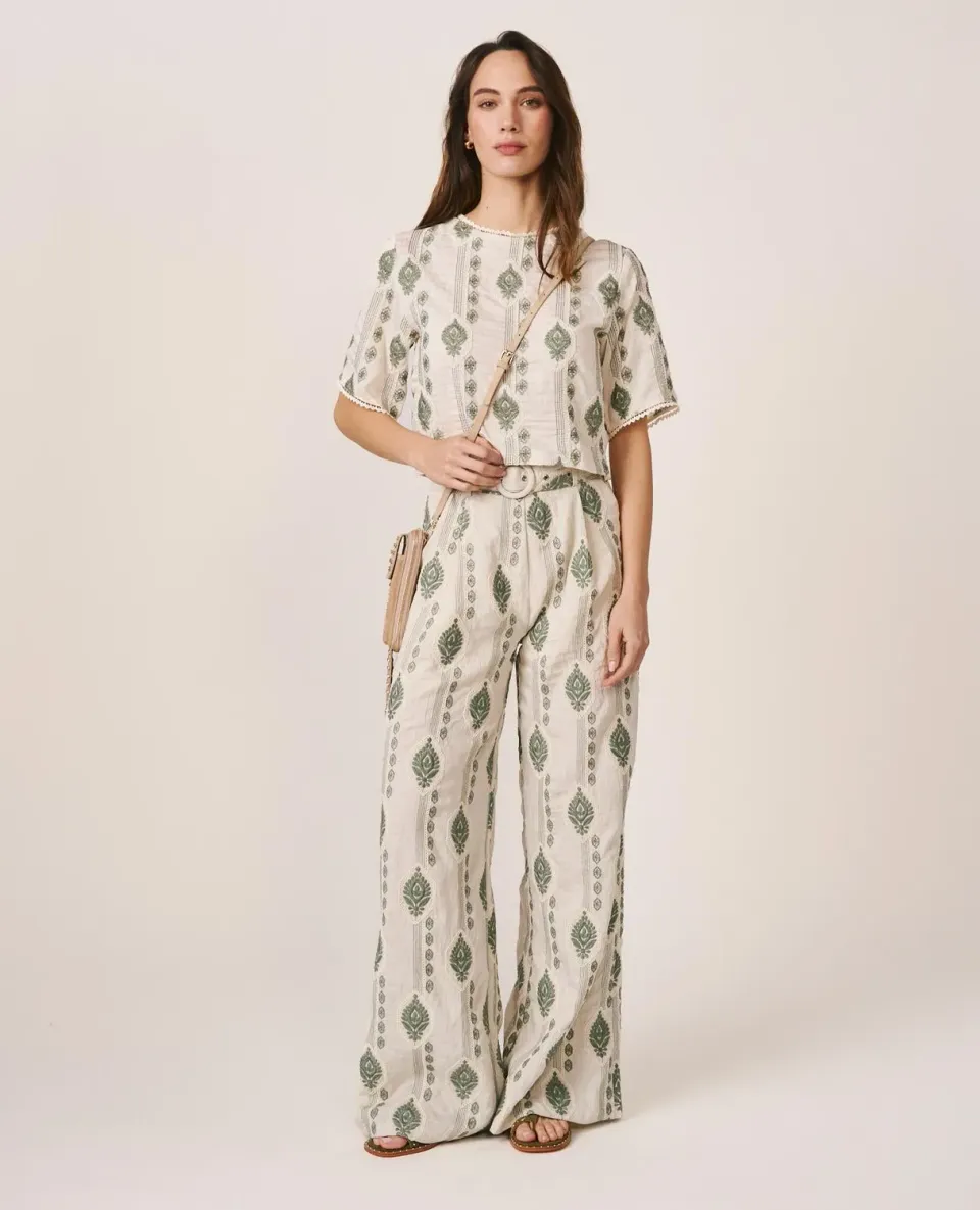 Alma en Pena V26CL1603 pantalon vert wide leg brodé