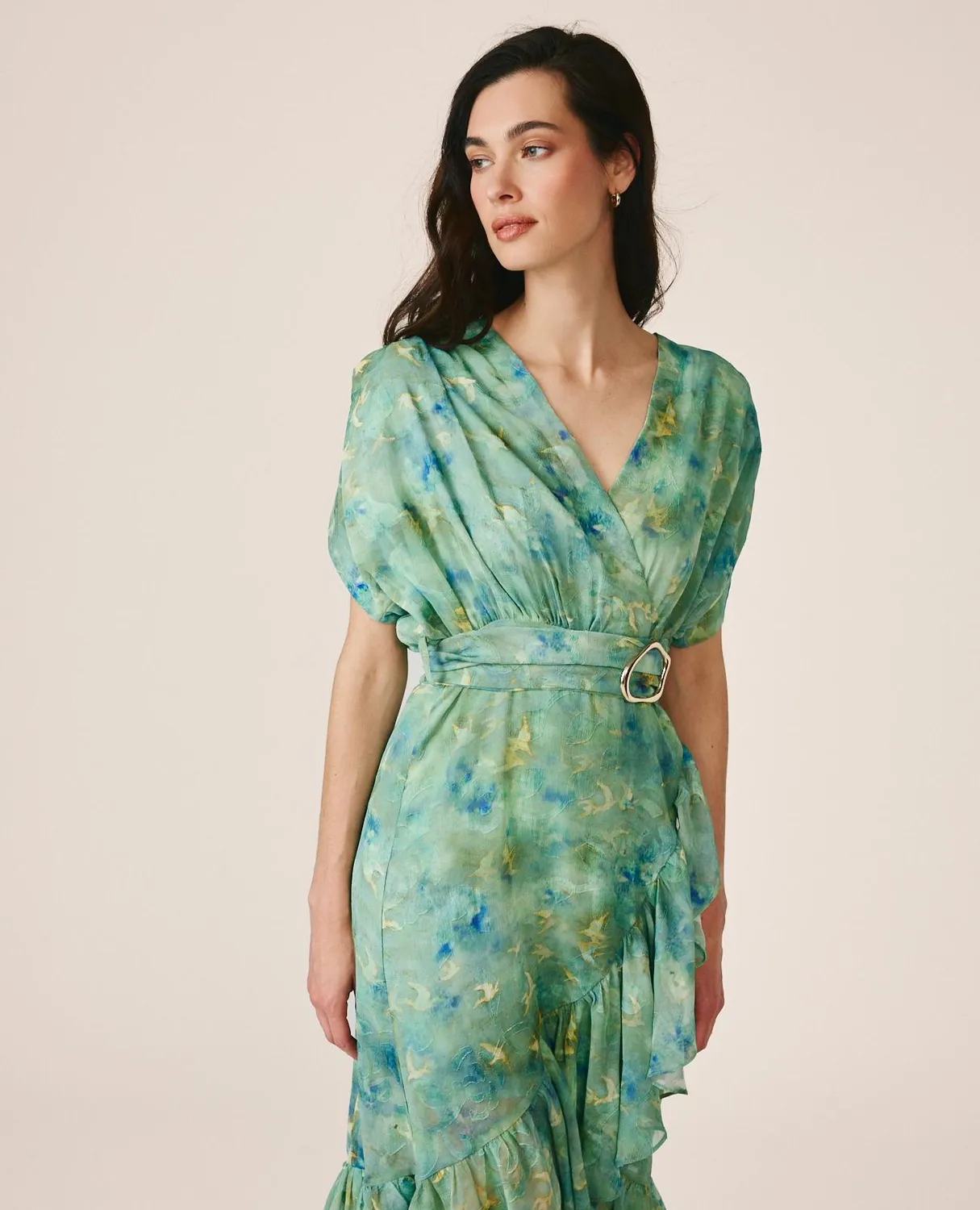 Alma en Pena V26CL0265 robe longue verte imprimée