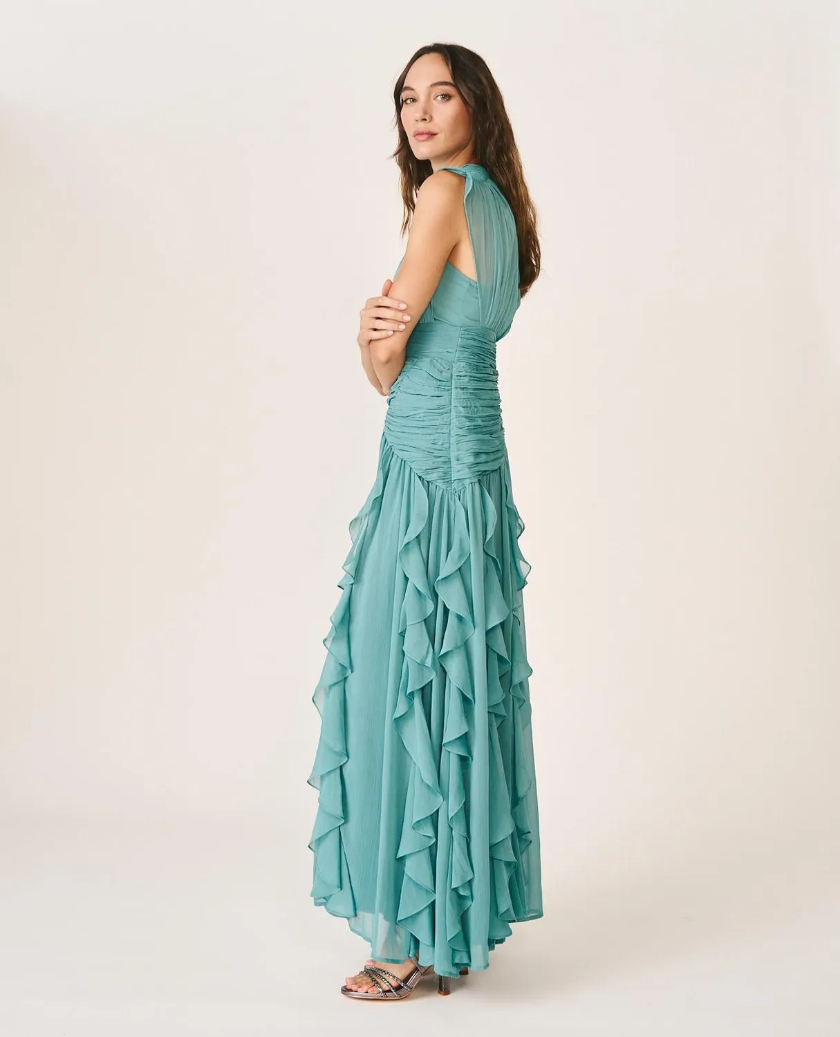 Alma en Pena I26CL0244 robe longue volants vert jade