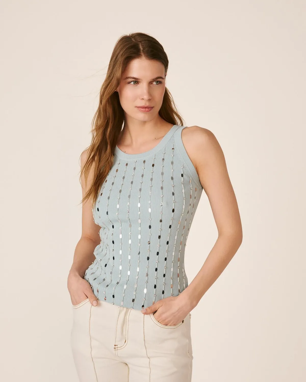 Alma en Pena V26CL0606 Top Sans Manches Bleu Ciel Perles