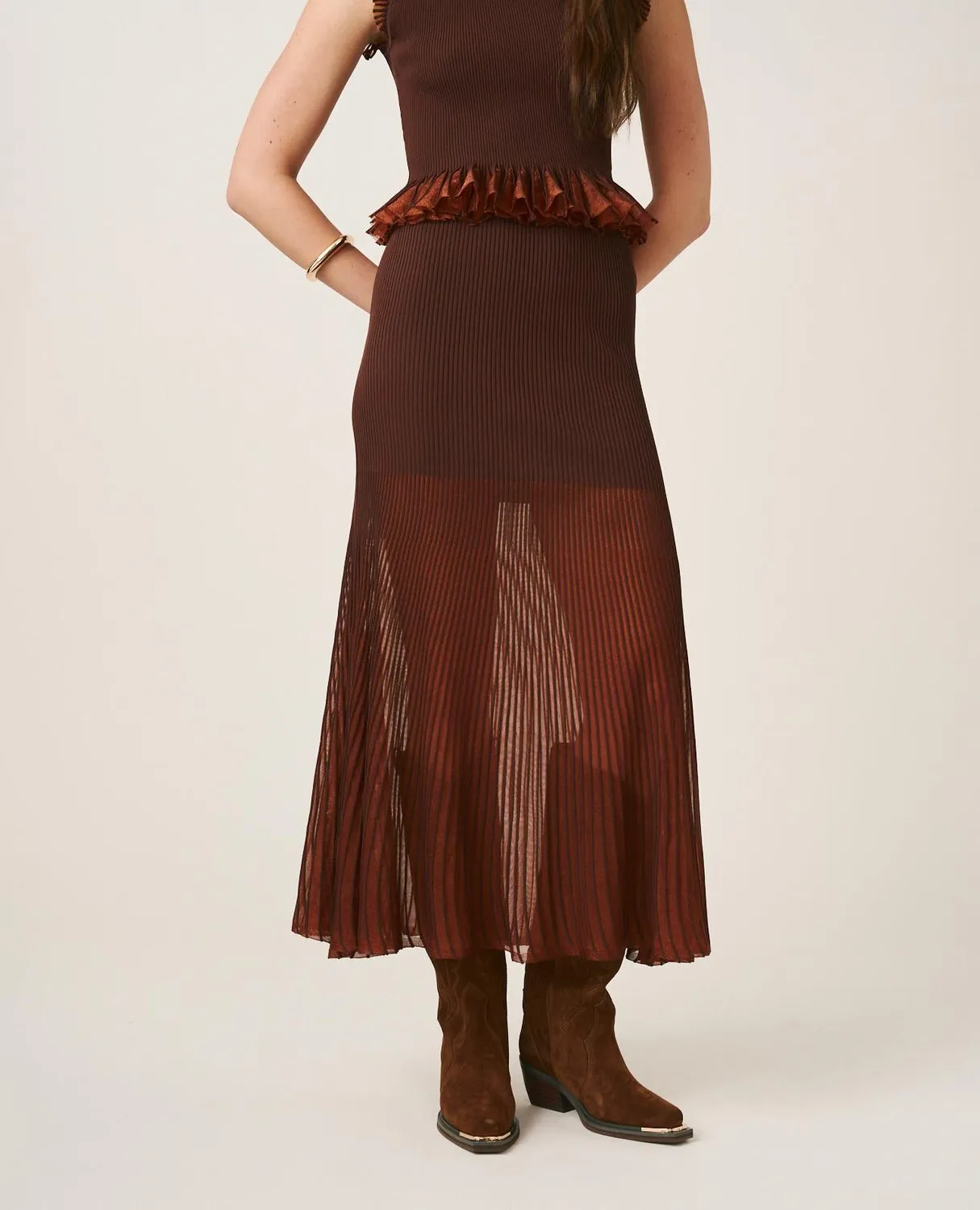 Alma en Pena I25CL1803 jupe midi marron volants