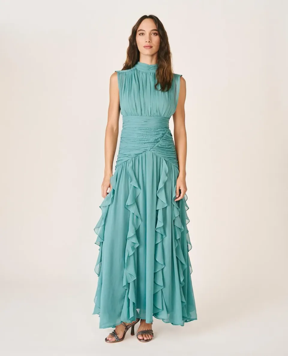 Alma en Pena I26CL0244 robe longue volants vert jade