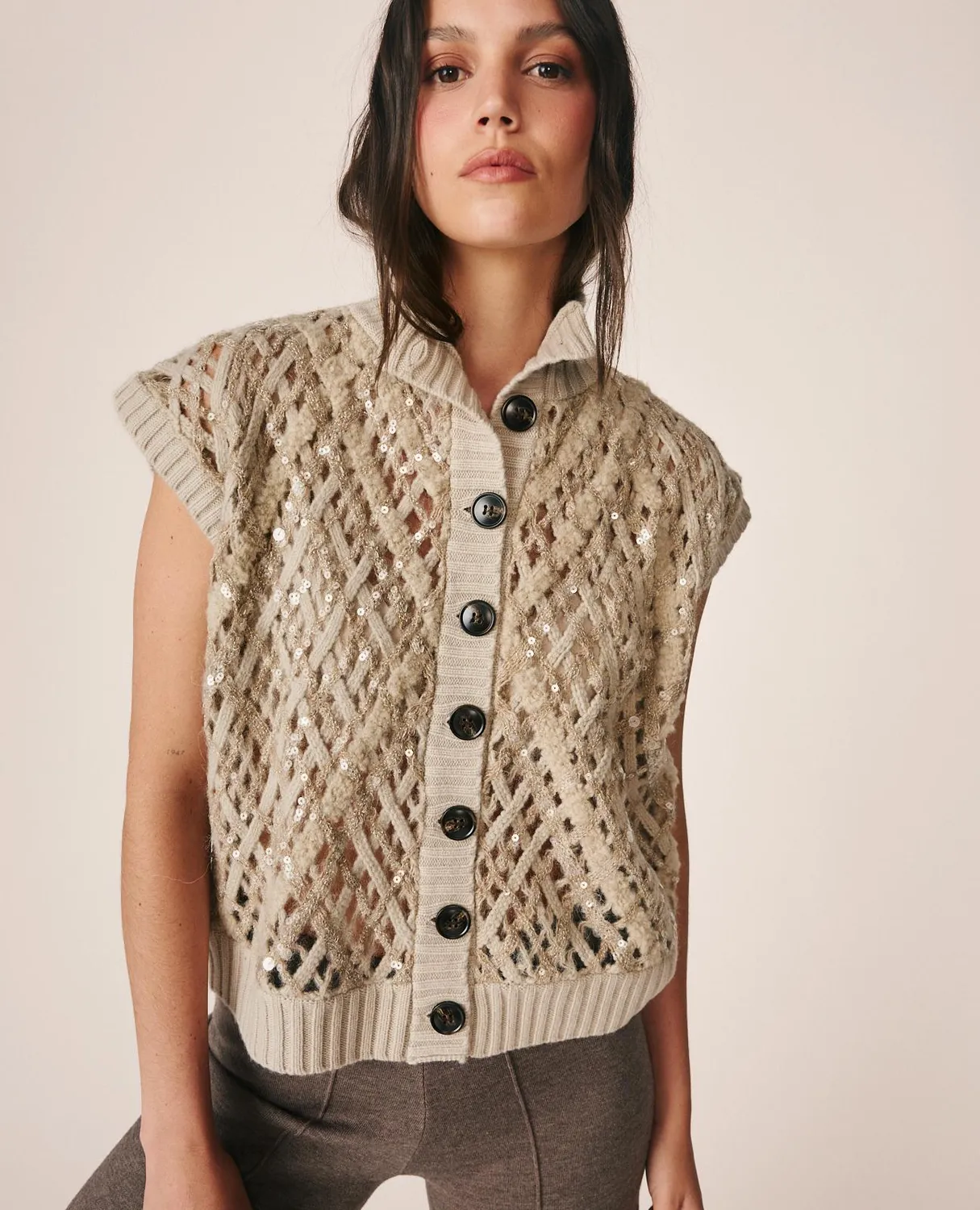Alma en Pena I26CL1411 gilet maille ivoire laine sequins
