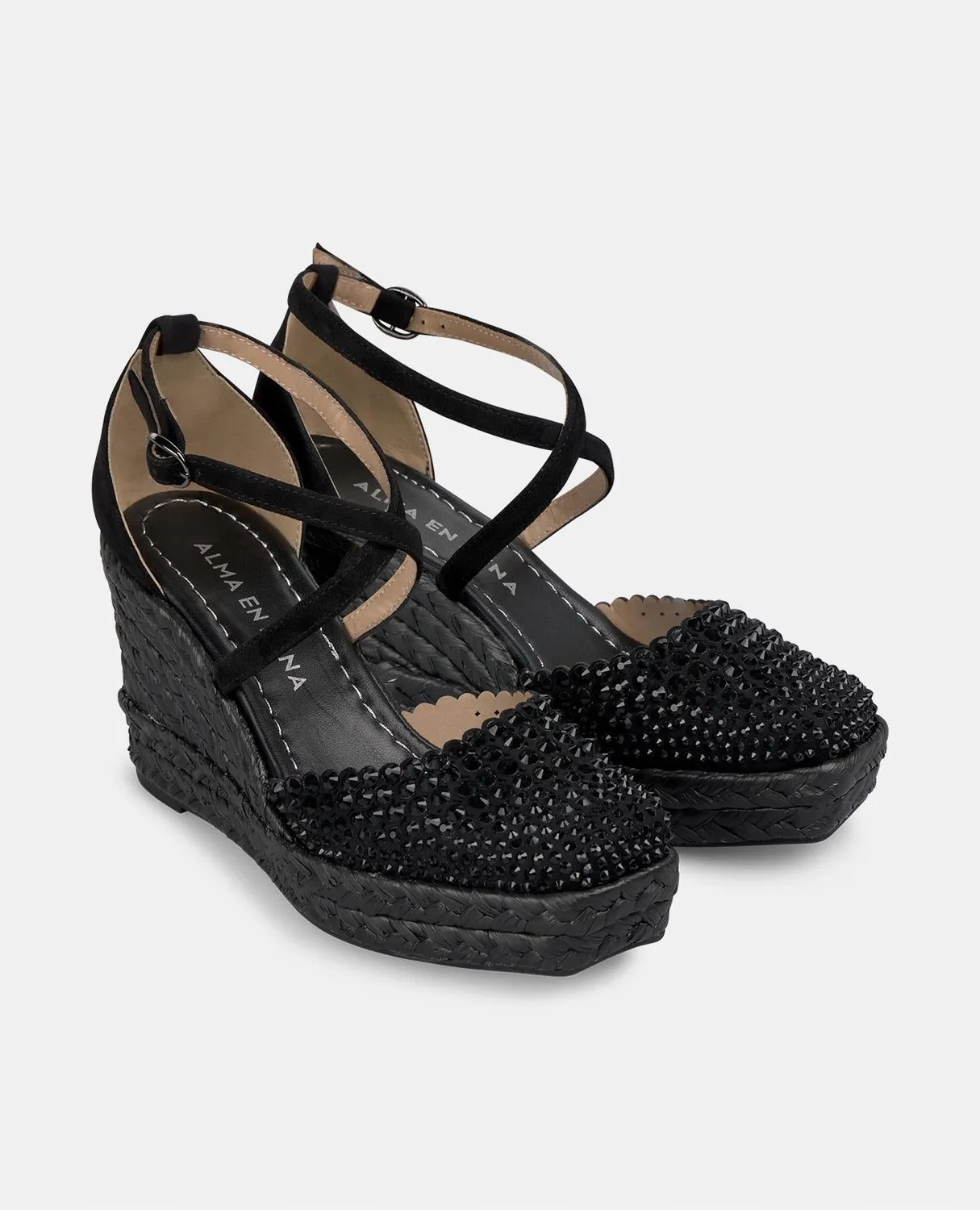 Alma en Pena V251102 compensées noires cuir strass