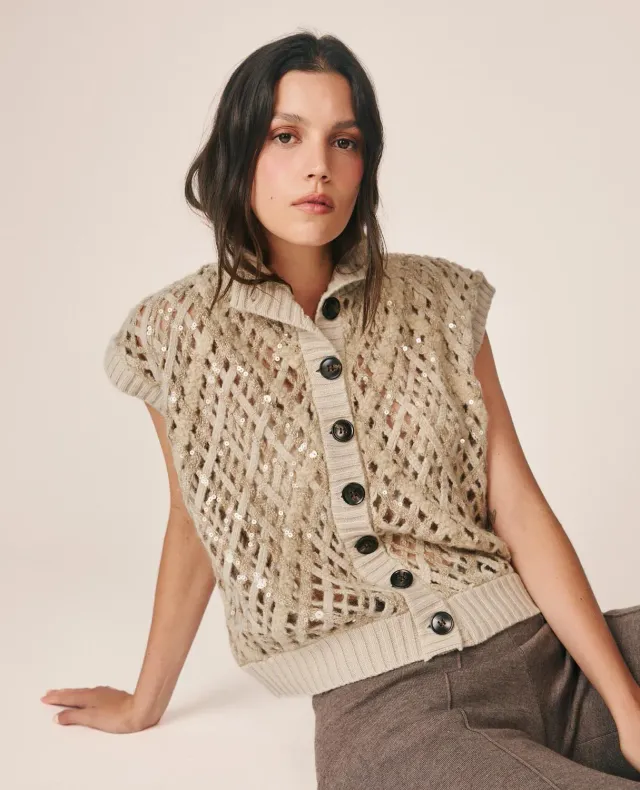 Alma en Pena I26CL1411 gilet maille ivoire laine sequins