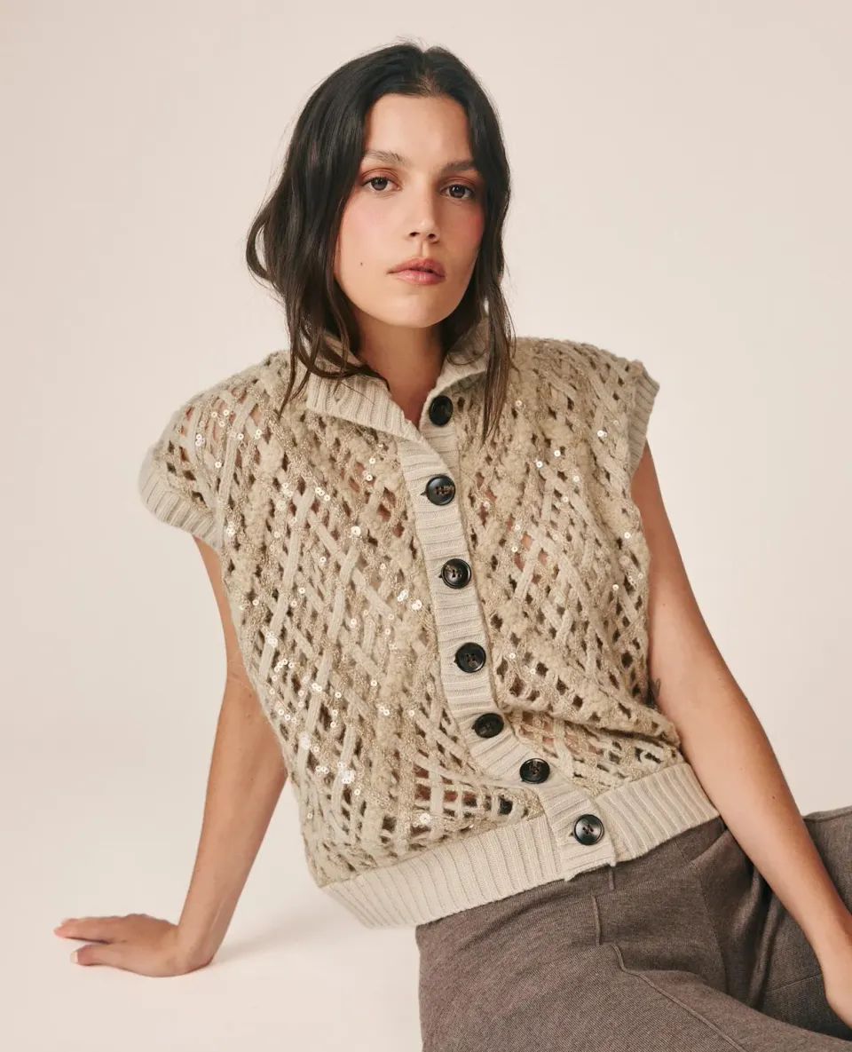 Alma en Pena I26CL1411 gilet maille ivoire laine sequins