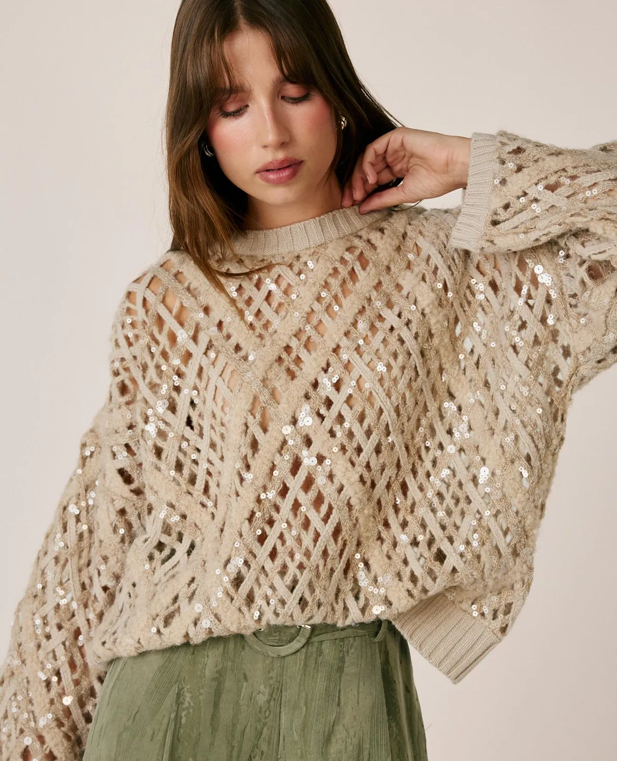 Alma en Pena I26CL0801 pull sequins maille marron laine