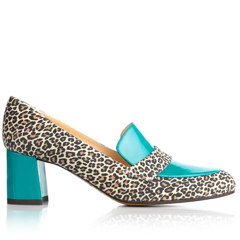 Bégum Paris Moscou mocassins ocelot turquoise cuir