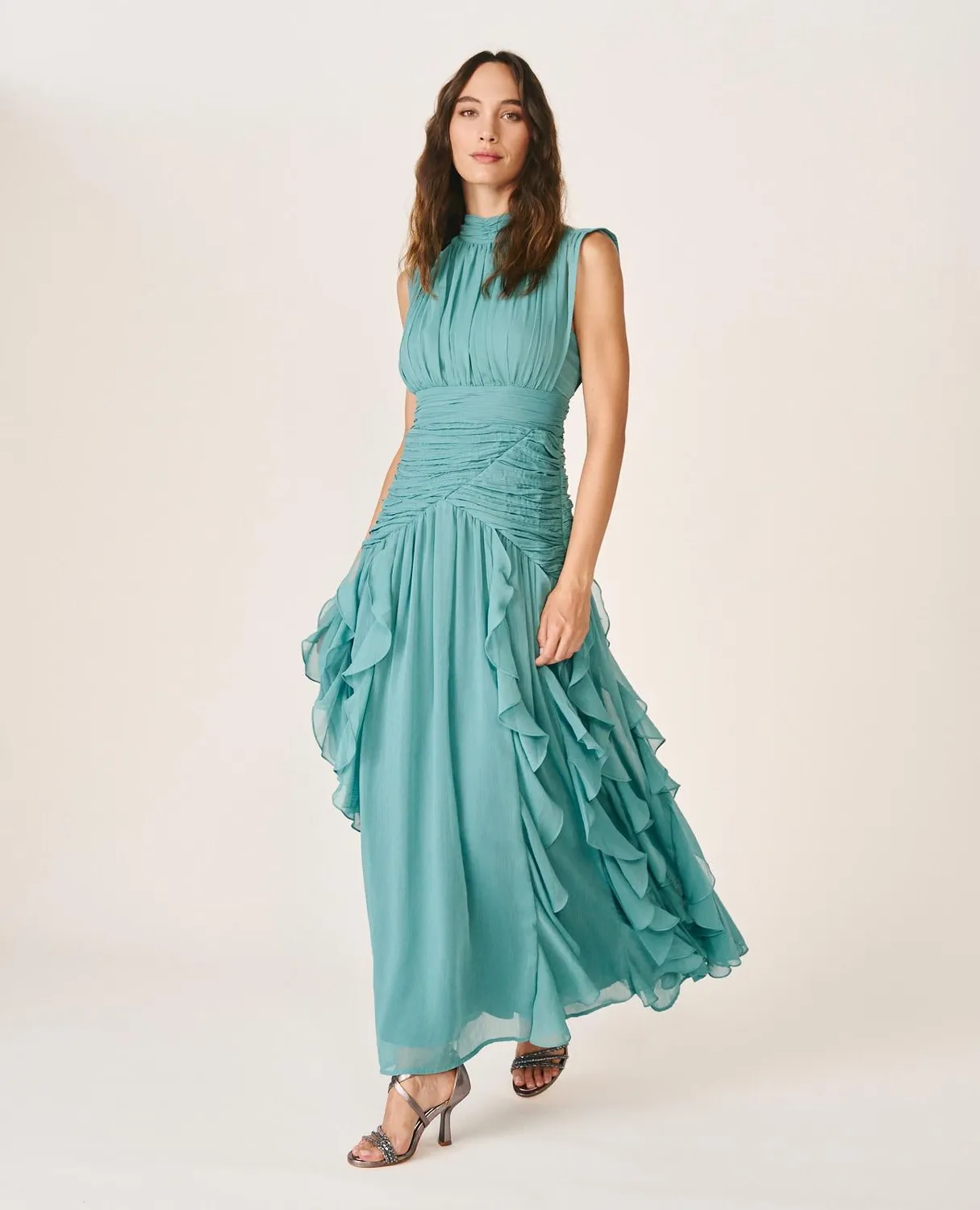 Alma en Pena I26CL0244 robe longue volants vert jade
