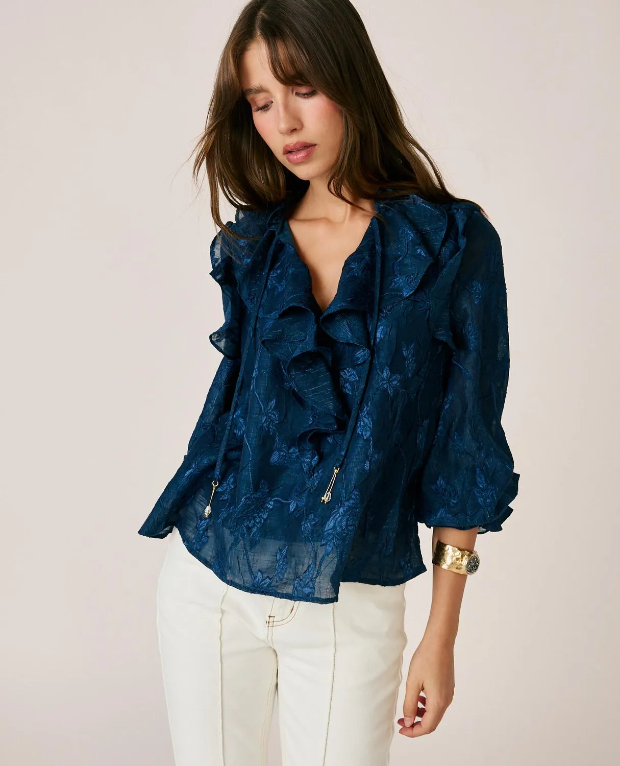 Alma en Pena I26CL0402 blouse jacquard bleu broderie